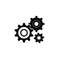 Three interlocking black gears on a white background