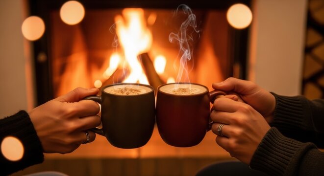 Two people holding steaming mugs with hot drink by cozy fireplace. Couple relaxing and enjoying warm beverage in cold evening. Happy Valentine's Day. - Powered by Adobe