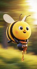 Obraz premium Cute 3D bee character flying with a pot of honey in a sunny forest. Adorable cartoon insect illustration for children's projects.