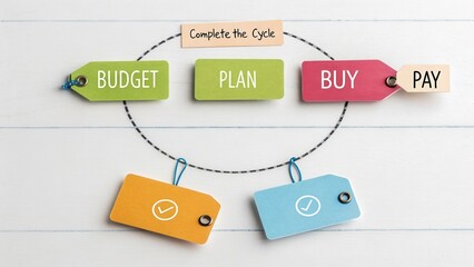 Visual Representation of Budgeting and Financial Planning Cycle with Colorful Tags for Money Management and Tracking