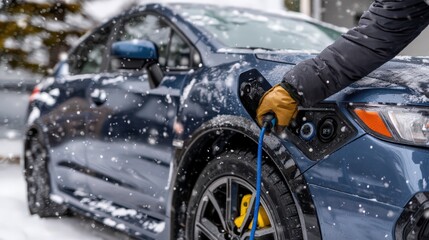 Fototapeta premium Charging an electric vehicle in the snow showcasing modern sustainable transportation technology amidst winter conditions with a focus on eco-friendly practices and efficiency