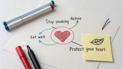 Heart diagram showing healthy lifestyle choices on paper