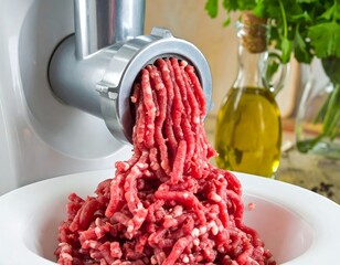 Close-up of electric meat grinder dispensing raw, ground meat into a white bowl (1)