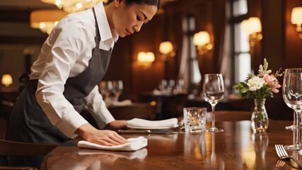 Asian waiter wiping table with cloth at empty restaurant with warm illumination and rolled sleeves. Asian waiter cleans table in preparation for next customers, maintaining hygiene and order.