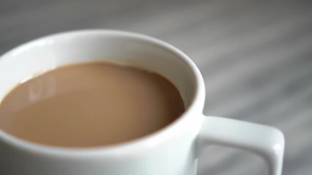 A close-up of a white mug filled with coffee with milk, set on a blurred background, ideal for blogs