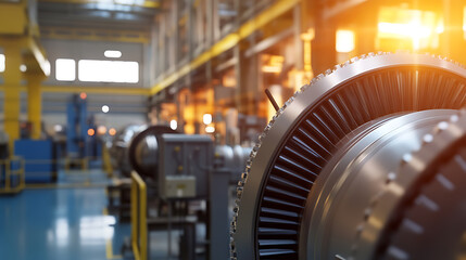 Fototapeta premium A close-up captures the heart of industrial might, showcasing a turbine rotor in a factory, reflecting precision and innovation. Highlighting its engineering prowess.