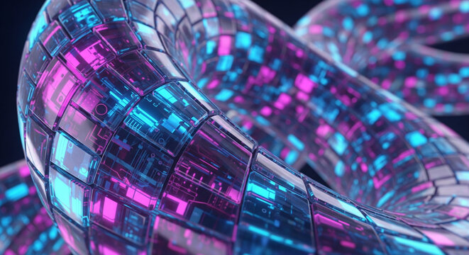 Futuristic glowing glass helix bending smoothly in a fluid curve with iridescent blue, magenta, and turquoise light.