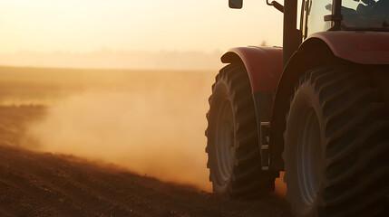 Fototapeta premium A close-up view of a tractor in a field during sunset. The tractor's large tires churn the earth, creating dust clouds in the warm light. The golden hour enhances the colors of the scene, 
