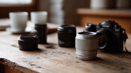 Quiet symphony of vintage camera lenses on rustic table, a nostalgia-infused tribute to World Photography Day's analog heart