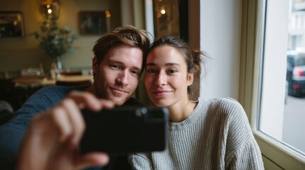 Cafe date selfie captures cozy intimacy, Nordic male and Latina female embrace, resonates with Friendsgiving warmth and Hygge essence