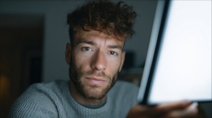 A pensive Caucasian male engrossed in a glowing screen, capturing the spirit of International Programmer's Day and Techies Day