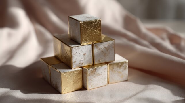 Luxurious golden cubes glisten atop satin fabric, evoking Lunar New Year opulence and the richness of Diwali celebrations