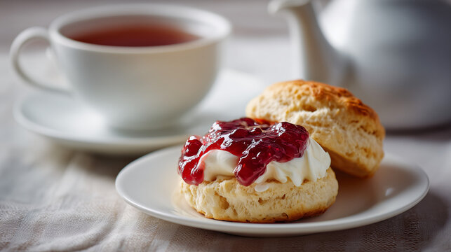 クロテッドクリームとジャムを乗せたスコーンに紅茶と白いティーポットが添えられた優雅なティータイム