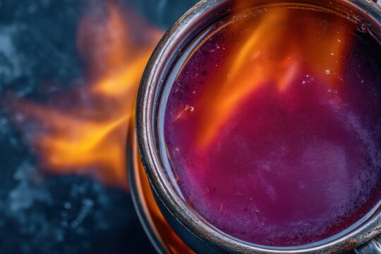 Close-up of boiling liquid in a metal pot with vibrant flames highlighting an intense culinary moment creating flavor fusion and sensory exuberance captured with clarity