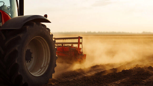 A powerful tractor tilling the soil, its massive tires leaving a trail of freshly turned earth. The golden light bathes the scene, accentuating the dust and the hard work being done.