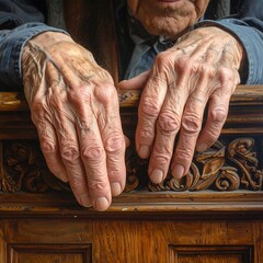 Close-up of elderly hands resting on ornately carved wooden surface