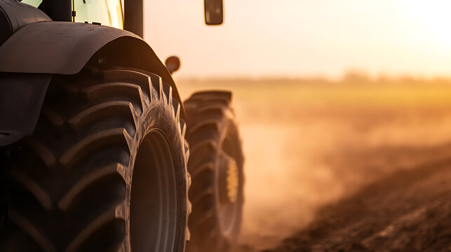 A powerful tractor working in the field at sunset, preparing the land for planting with its heavy-duty tires churning through the soil. Cultivating for new growth.