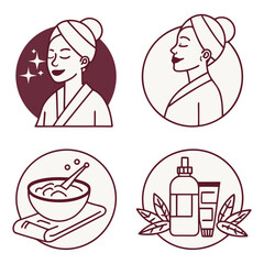 Obraz premium Spa and beauty treatment icon set, vector line art of woman, mixing bowl, and cosmetic products