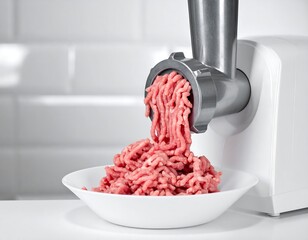 Close-up of electric meat grinder dispensing raw, ground meat into a white bowl
