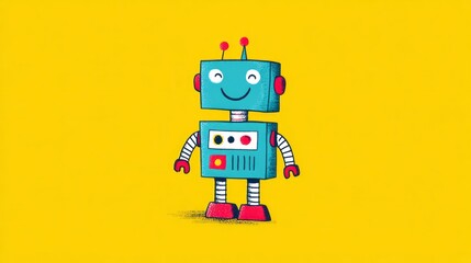 Quirky cartoon robot exudes whimsical joy on vibrant yellow, perfect for International Robotics Week celebrations and quirky tech exhibitions