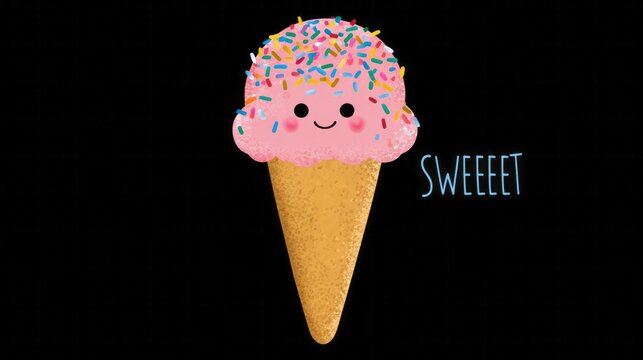 Whimsical smiling ice cream cone sports rainbow sprinkles, exudes playful sweetness, ideal for celebrating National Ice Cream Day