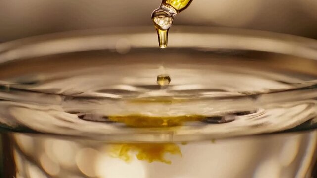 Glass dropper with essential oil drop falling into clear water for aromatherapy and relaxation. The essential oil disperses, creating a mesmerizing effect.