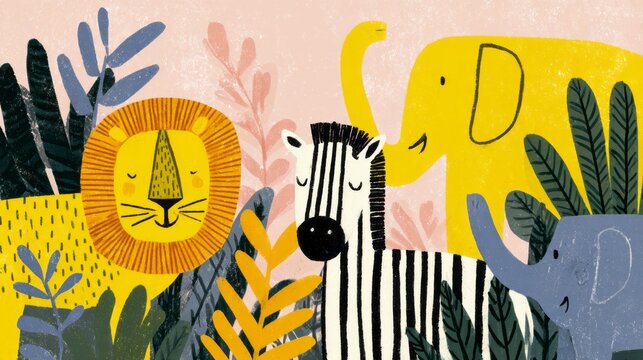 Whimsical safari animals gather in playful foliage, evoking World Animal Day and International Day of Forests harmony - Powered by Adobe