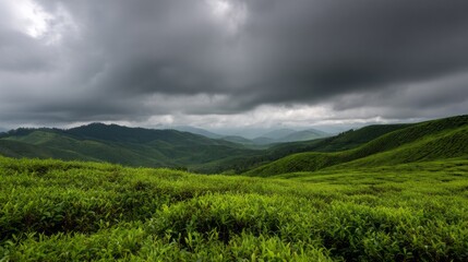 Fototapeta premium Majestic emerald hills cradle beneath tumultuous tempestuous skies, whispering secrets of Lammas harvest and verdant equinox renewal