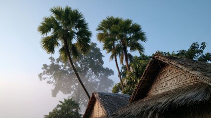 Thatched-roof huts beneath swaying palm trees, whispering tales of Balinese Nyepi Day, tranquility, and rustic tropical serenity