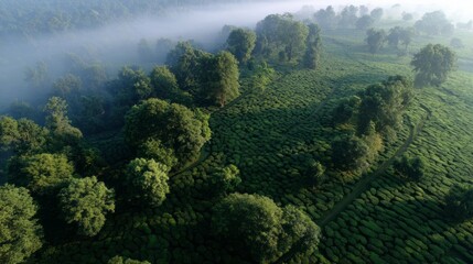 Mist-kissed emerald tapestry unfolds at dawn, whispering secrets of natures quilt, perfect for Arbor Day reflections or Earth Week