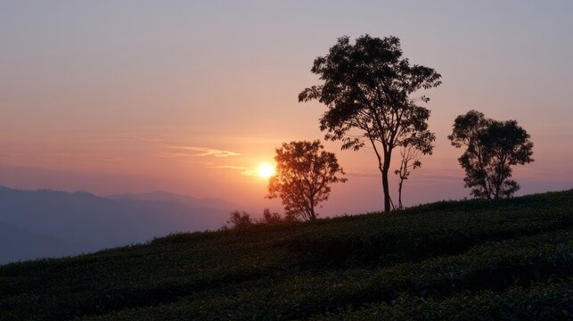 Silhouetted trees at dusk evoke tranquility, nature's twilight palette, invoking Earth Day reflections and serene Arbor Day musings