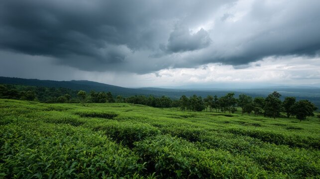 Storm-kissed emerald tea fields stretch under a brooding sky, capturing monsoon whisperings and Earth Day reverence