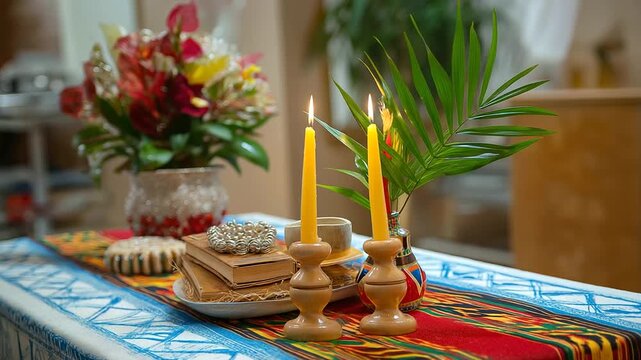 A flat lay of Kwanzaa symbols the Kinara, Mazao, and 'Zawadi' (gifts, often handmade or books). Educational, colorful, top-down view. blurred background, with copy space