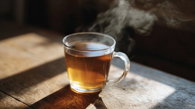 Steam swirls from an amber tea cup, invoking hygge warmth and International Tea Days cozy whispers