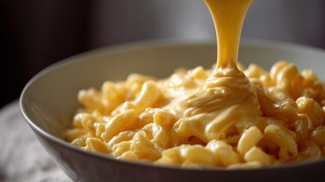 Creamy cascade of molten cheddar envelops macaroni radiance, evoking cozy hygge moments and International Cheese Day indulgence