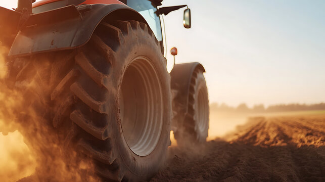 A tractor is driving through a plowed field at sunset, kicking up dust. The focus is on the large tire and the dirt it is kicking up, showing the strength and power of agricultural machines.