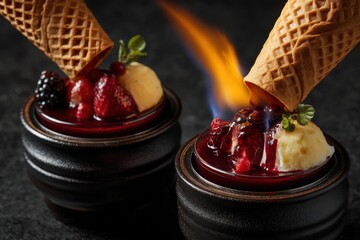 Indulgent dessert experience with flaming chocolate sauce topped with fresh berries and a warm waffle cone accentuating culinary creativity and gastronomic delight