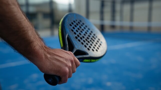 Male hand gripping padel racket on azure court, celebrating Dia del Deporte and International Padel Day, energizing