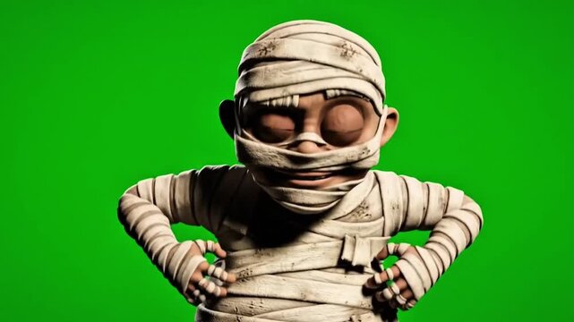 Cute Cartoon Mummy Character Wrapped in Cloth on Green Screen