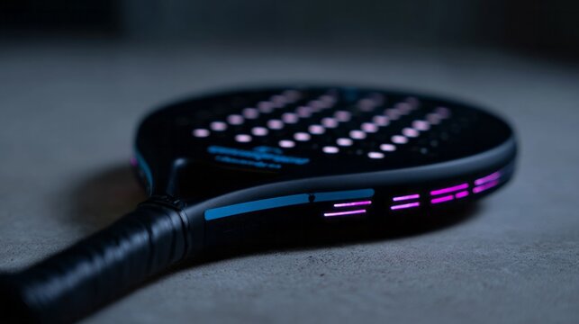 Glowing neon padel racket, techno-futuristic sports gear, celebrates Padel Day and International Day of Light in cosmic court vibes