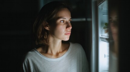 A contemplative Caucasian woman peers into an existential abyss of midnight snacks, celebrating Insomnia Awareness and National Refrigerator Day