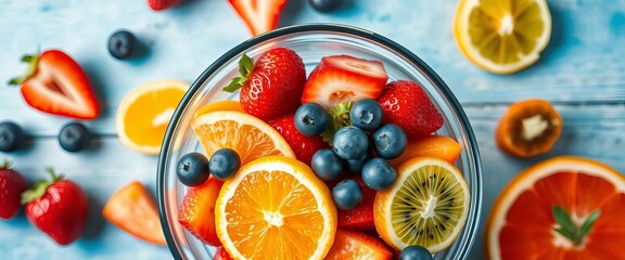 A vibrant overhead shot of a colorful fruit salad in a clear glass bowl, featuring strawberries, blueberries, kiwi, and orange slices ,  refreshing,  sweet