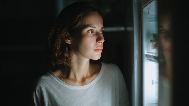 A contemplative Caucasian woman peers into an existential abyss of midnight snacks, celebrating Insomnia Awareness and National Refrigerator Day