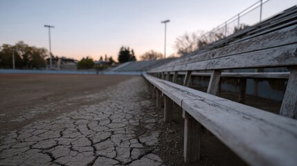Forgotten bleachers mourn under desolate sky, whisper tales of yesteryear's games, echoing solstice shadows, summer nostalgia, Earth Day's call