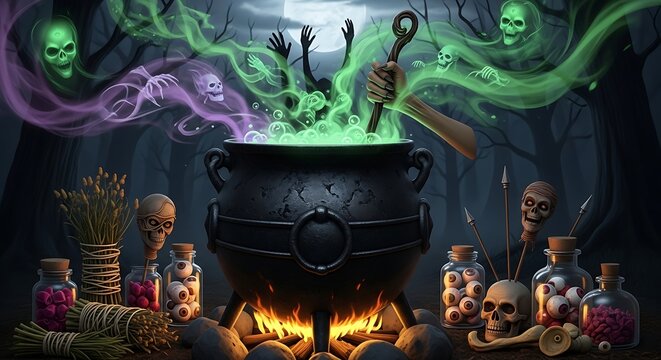 Mystical cauldron with spectral skulls potion and magical effects illustration - Powered by Adobe