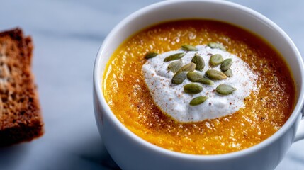 Creamy pumpkin soup lavishly crowned with spiced yogurt and pepitas, invoking autumn harvest festivals, cozy kitchen whispers