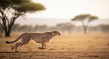 A cheetah running in a savannah with acacia trees in the background.