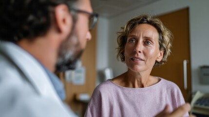 Obraz premium In a softly lit consultation room, a Caucasian woman engages intently with a bearded male doctor, symbolizing World Health Day and Wellbeing Week