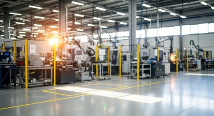 A robot arm welding in a factory with sparks flying.
