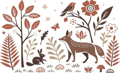 Naklejka premium Vector abstract seamless floral nature pattern illustration with deer and bird silhouette design